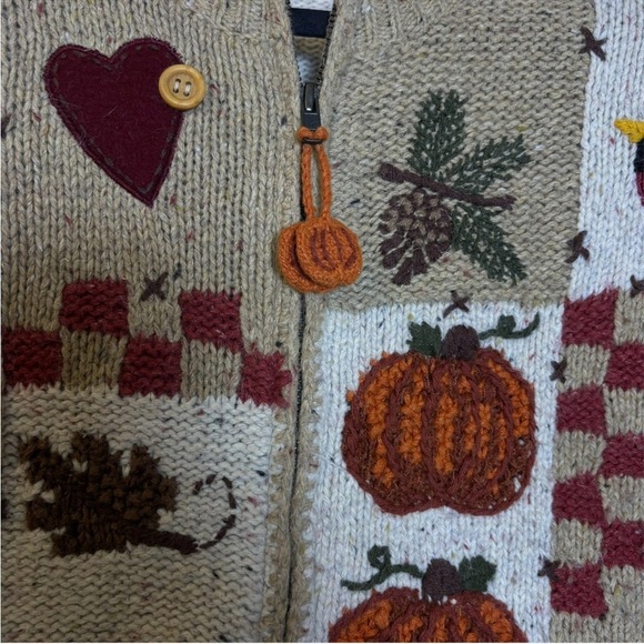 Wool Blend Chunky Knit Cardigan Fall Pumpkin Autumn Patchwork Leaves Cottagecore - Picture 4 of 11